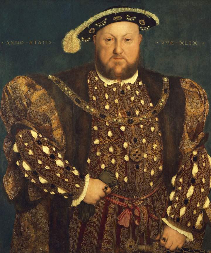Henry VIII Tudor (Greenwich, 1491-London, 1547), 1539-1541, King of England and King of Ireland with his family portrait wearing the outfit worn for his marriage to Anne of Cleves. Painting by Hans Holbein the Younger (1497-1543).