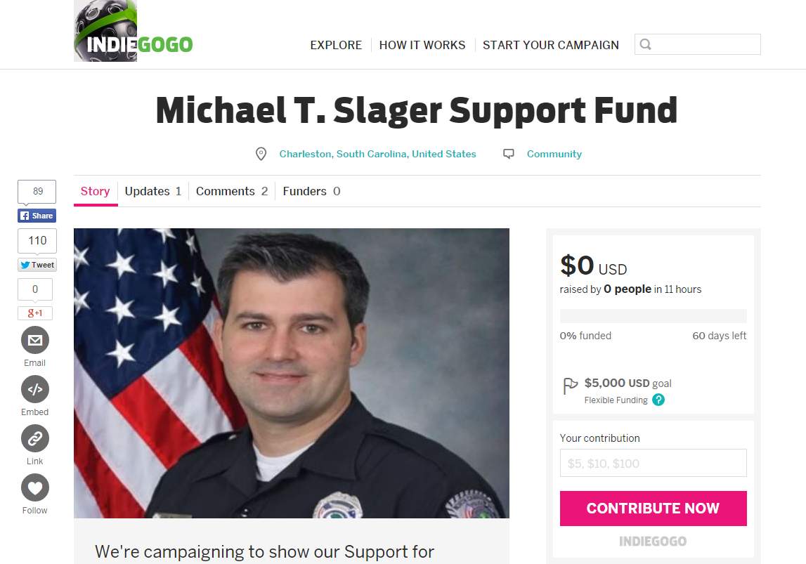 A screenshot of the Indiegogo.com crowdfunding campaign for Michael Slager