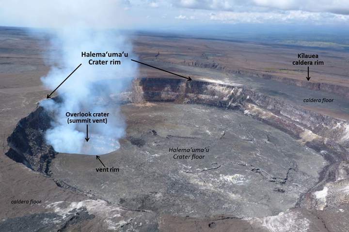 The active vent (Overlook crater) at the summit of Kīlauea Volcano is located within Halemaʻumaʻu, a crater within the volcano’s caldera.