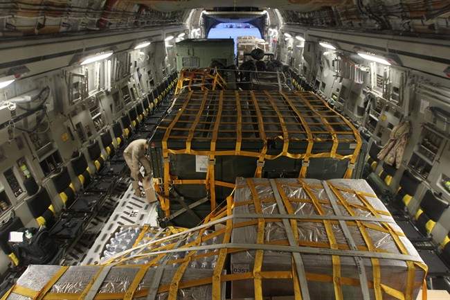 A fully loaded CC-17 Globemaster sits on the tarmac at CFB Trenton in Trenton, Ont., on Sunday April 26, 2015.