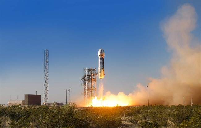Blue Origin's New Shepard space vehicle blasts off on its first developmental test flight over Blue Origin's west Texas Launch Site in April 2015. 