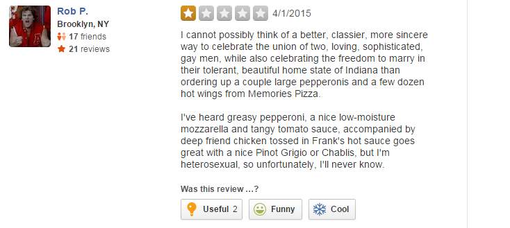 Yelp reviewers freak out after Indiana pizza shop says it wouldn’t serve same-sex wedding - image