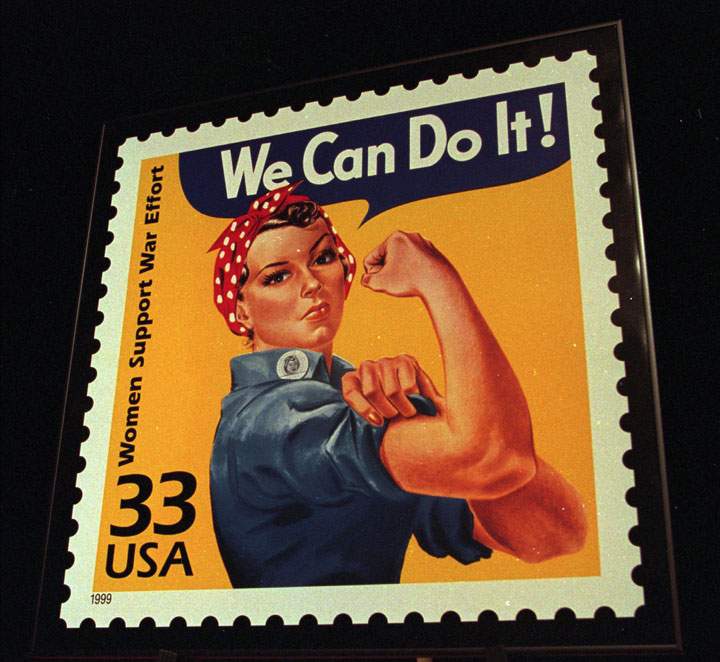 A June 25, 1999, file photo shows an enlargement of the U.S. Postal Service's stamp depicting Rosie the Riveter, in South Portland, Maine.