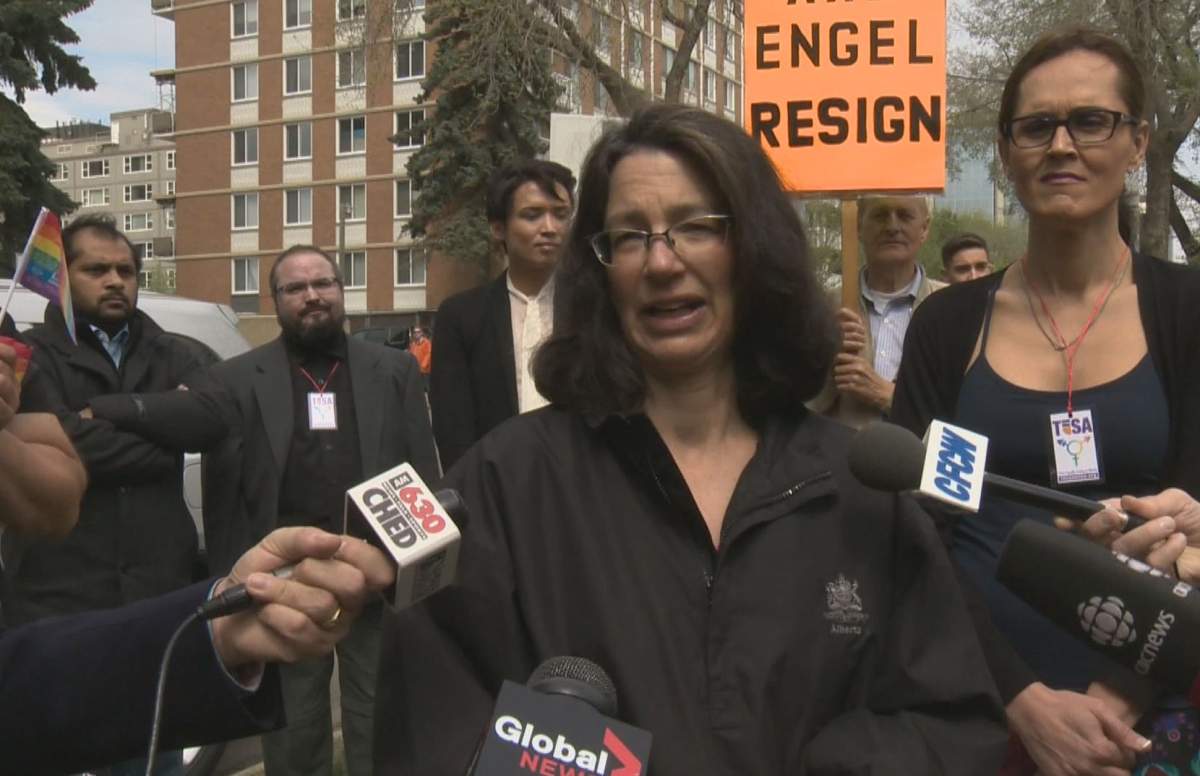 Supporters rally outside the Edmonton Catholic School district office, May 15, 2015.