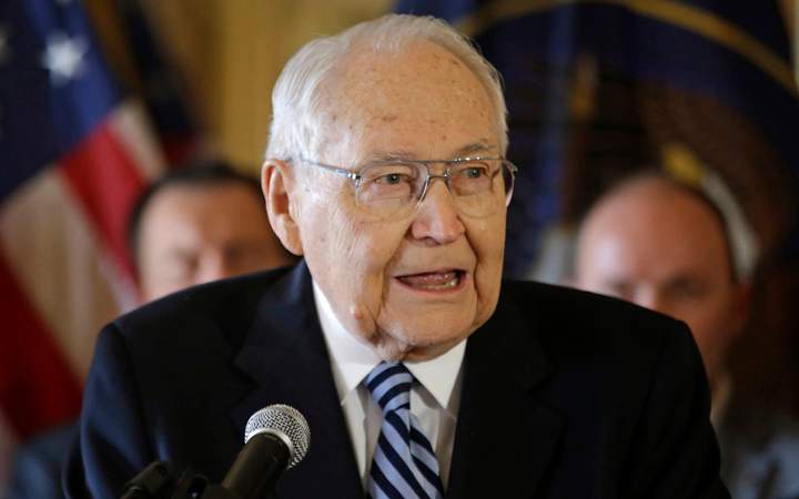 L. Tom Perry, the second-most senior member of the high-level Mormon governing body called the Quorum of the Twelve Apostles, speaks during a news conference at the Utah State Capitol, in Salt Lake City.