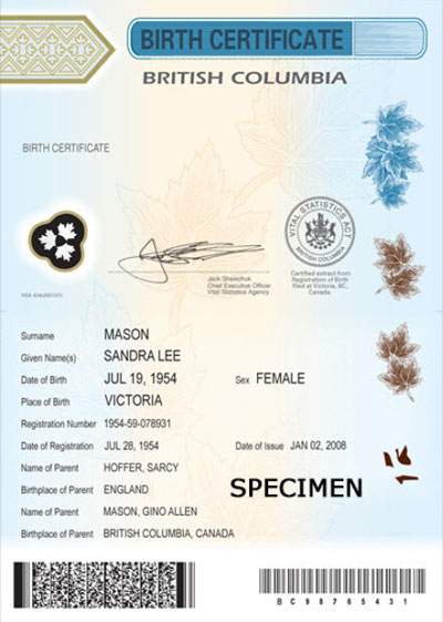 An example of a current British Columbia birth certificate
