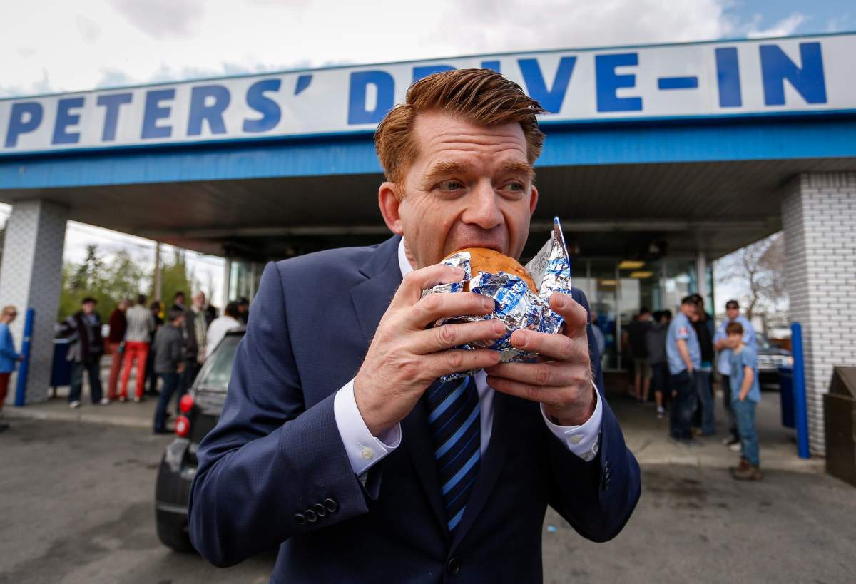 Alberta Wildrose Leader Brian Jean makes a campaign stop at Peter’s Drive In in Calgary, Alta., Friday, May 1, 2015.