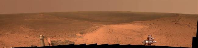 This Jan. 6, 2015 panorama provided by NASA of a Martian hilltop was taken by the NASA rover Opportunity. Future space travel beyond Earth -- to Mars and beyond -- will be one of the hot topics at a five-day international space development conference in Toronto this week.