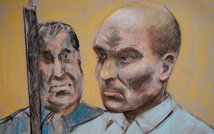 Charest is seen on a court drawing during a bail hearing Monday, March 16, 2015 in St-Jerome, Que.