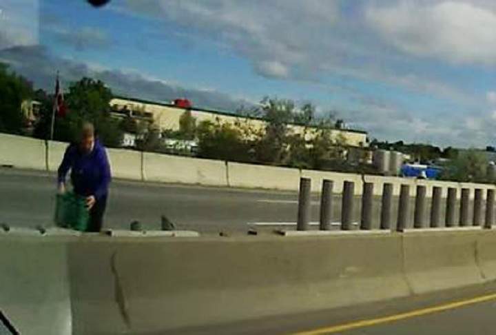 A still from video shared on social media of a woman who allegedly was trying to rescue ducks on a highway in Ottawa on May 20, 2015.