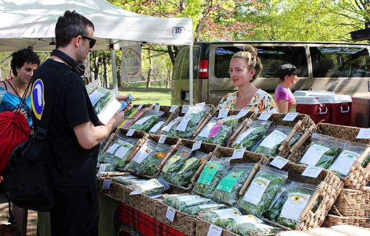 A vendor at the Dufferin Grove Farmer’s Market in Toronto speaks to a customer.