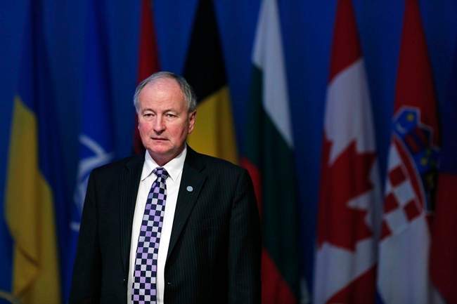 Canada's Foreign Minister Robert Nicholson arrives for a working session regarding the situation in Ukraine, during the NATO Foreign Ministers conference in Antalya, Turkey, Wednesday, May 13, 2015.