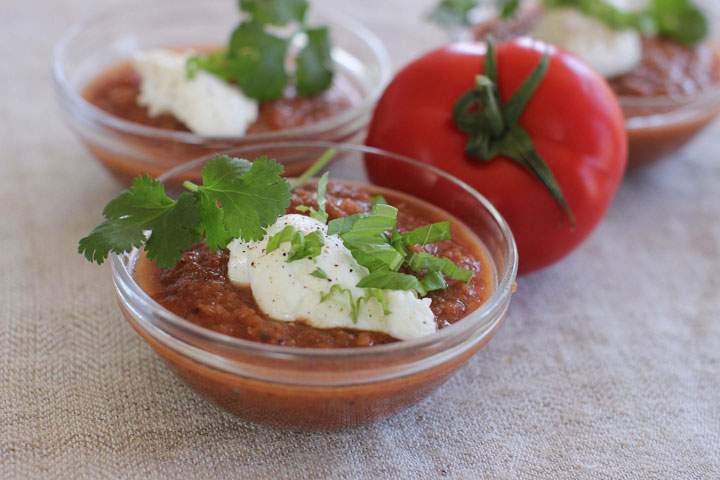 This April 13, 2015 photo shows grilled puttanesca gazpacho in Concord, N.H.