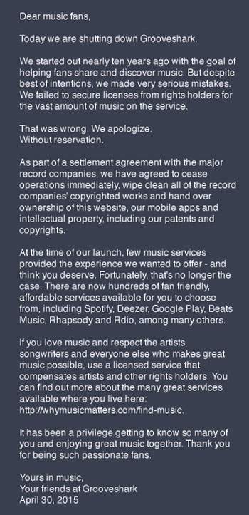 Grooveshark Shuts Down