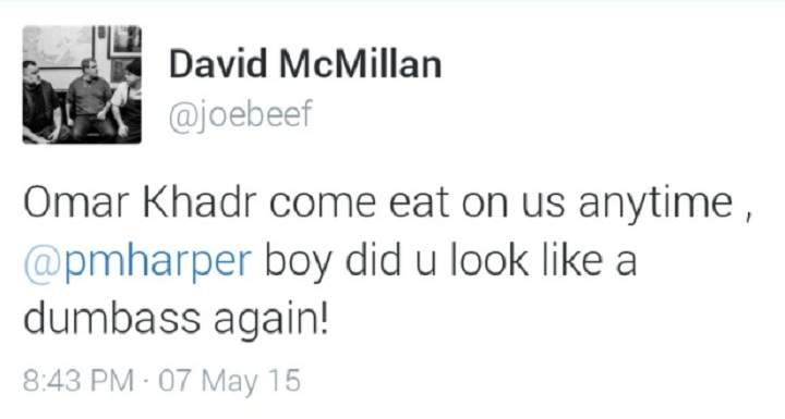 Joe Beef co-owner David McMillan's controversial tweet about Omar Khadr and Prime Minister Stephen Harper.