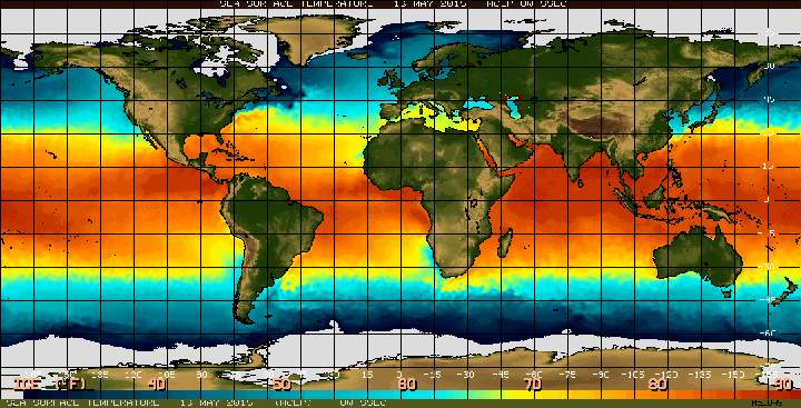The sea surface temperature anomalies as of May 13, 2015.