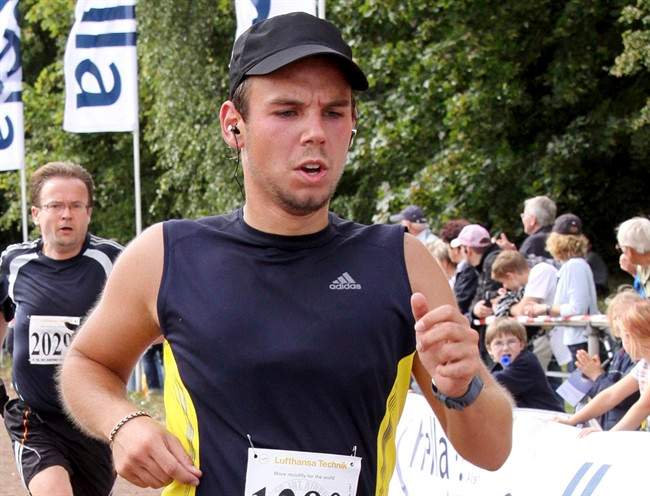 In this Sunday, Sept. 13, 2009 photo Andreas Lubitz competes at the Airportrun in Hamburg, northern Germany. 