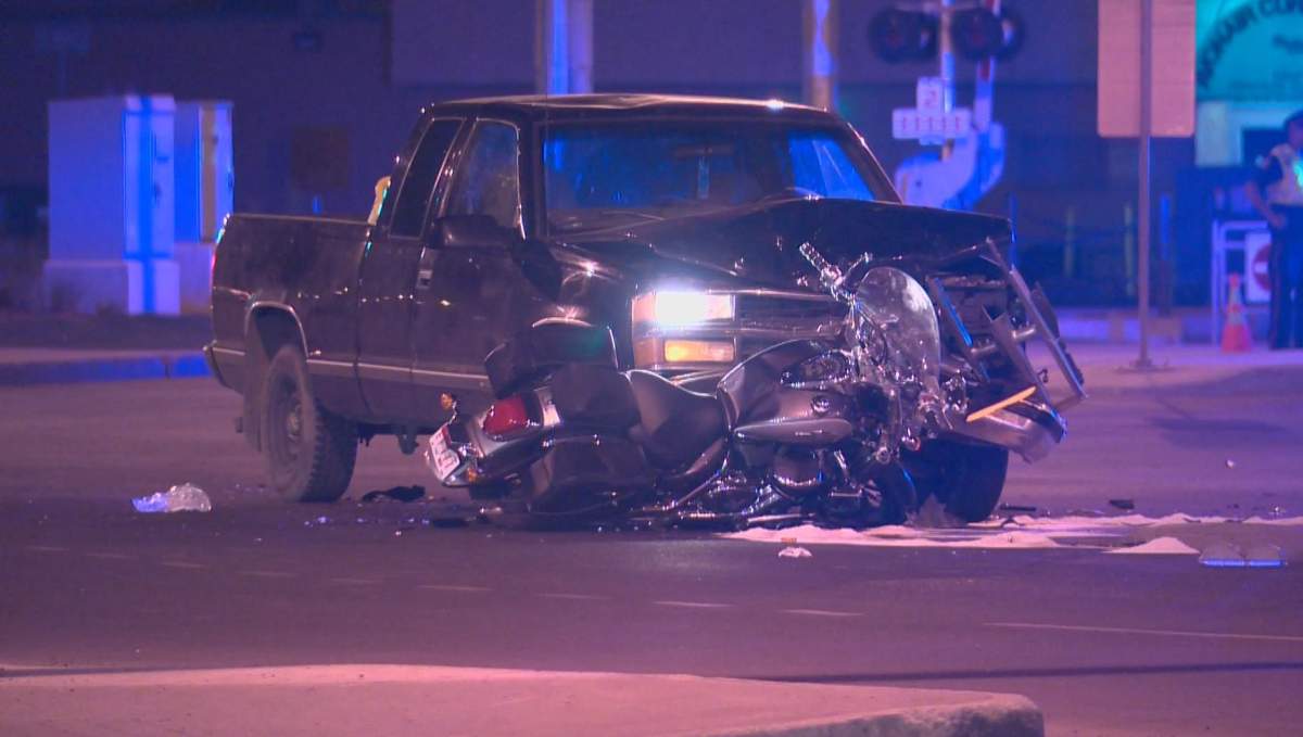A truck and a motorcycle collided at the intersection of Princess Elizabeth Ave & 106 St. near NAIT in Edmonton on Thursday night. May 21, 2015.