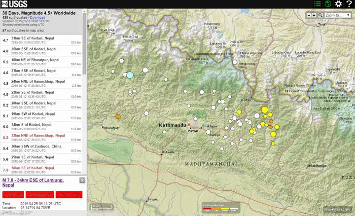 This map illustrates the swarm of earthquakes that have continued to move eastward following the magnitude-7.8 earthquake that shook the region on April 25, 2015.