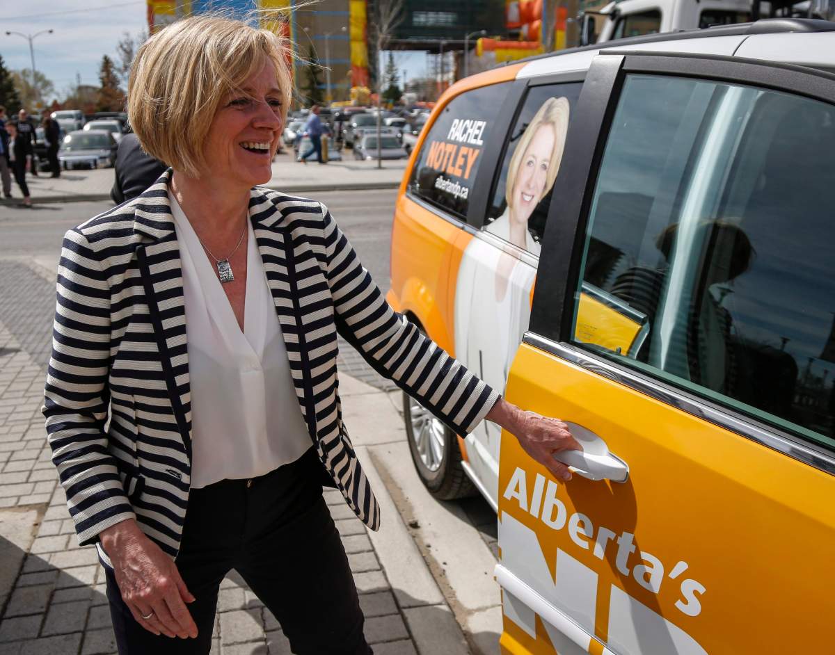Alberta NDP Leader Rachel Notley makes an announcement in Calgary, Alta., Tuesday, April 28, 2015.