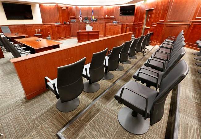 The jury box inside the courtroom where the trial of Aurora movie theater shooting defendant James Holmes is currently taking place at Arapahoe County District Court in Centennial, Colo.