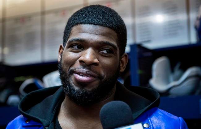 Montreal Canadiens defenceman P.K. Subban talks to reporters, Thursday, May 14, 2015 in Brossard, Que. The Canadiens lost to the Tampa Bay Lightning in Game 6 second round of Stanley Cup playoffs to end their season. 