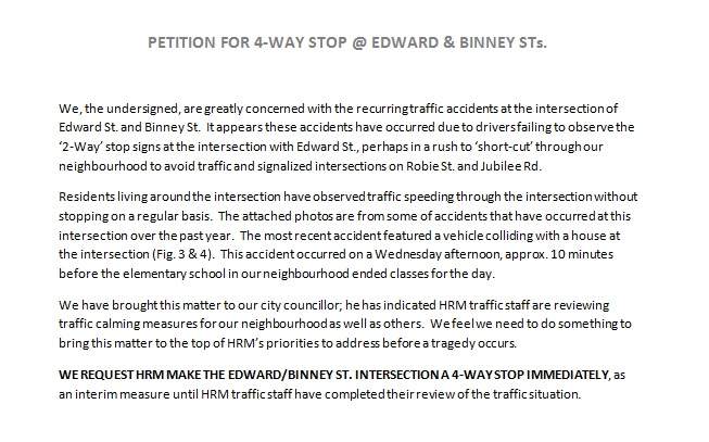 An excerpt from the four-way stop petition.