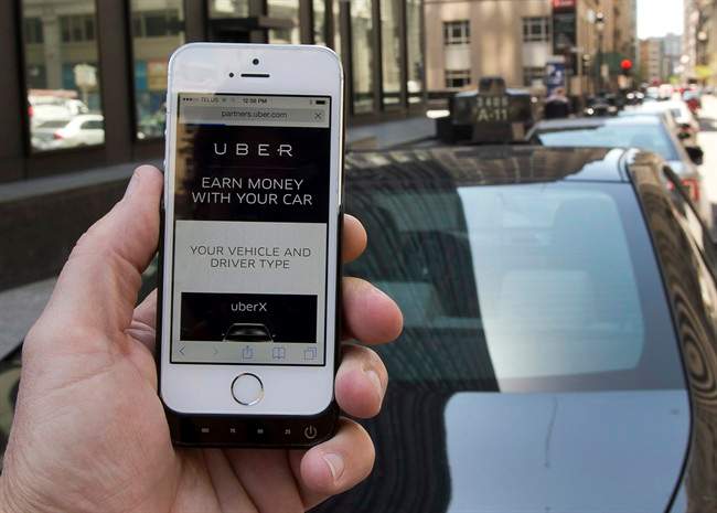 The ride-sharing app Uber is shown Thursday, May 14, 2015.