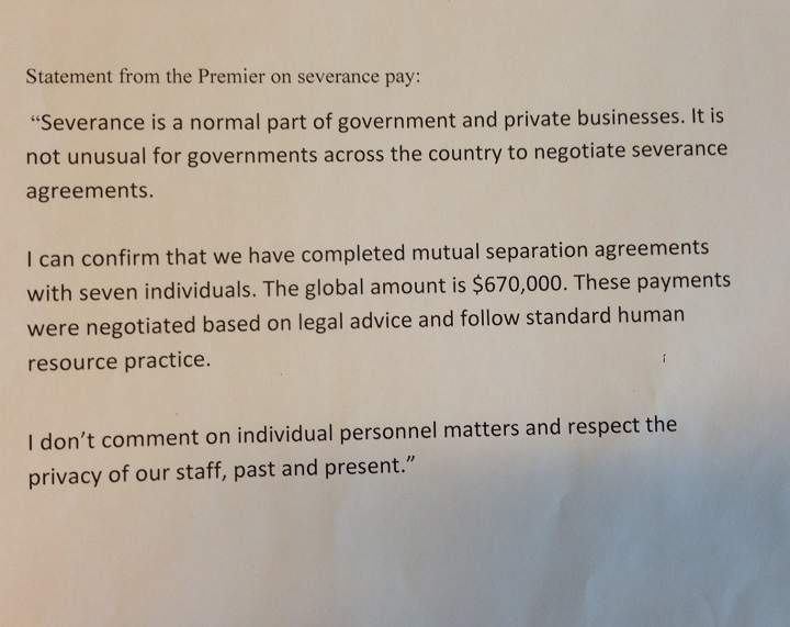 Image of paper statement issued by Premier Greg Selinger’s office on Friday, May 8, 2015