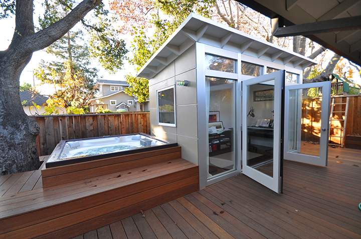 The shed that Jennifer and Eric Antonow built near their backyard hot tub provides some extra living space in Palo Alto, Calif. 