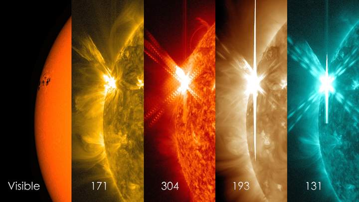 The solar flare from May 5, 2014 seen in different wavelengths.