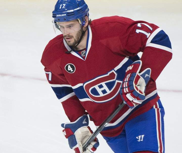 Montreal Canadiens' Torrey Mitchell warms up prior to Game 2 NHL second round playoff hockey action against the Tampa Bay Lightning in Montreal, Sunday, May 3, 2015.
