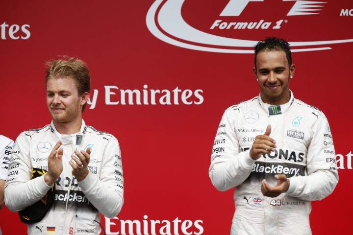Nico Rosberg, Mercedes AMG and winner Lewis Hamilton, Mercedes AMG on the podium. Canadian Formula One 1 Grand Prix, Circuit Gilles Villeneuve, Montreal, Canada - 07 Jun 2015.