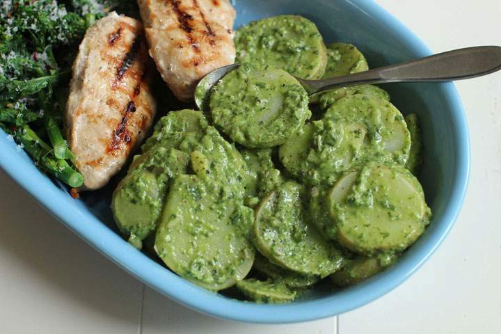 This June 1, 2015 photo in Condord, N.H., shows potato salad made with basil mayonnaise and seasoned with vinegar and salt.