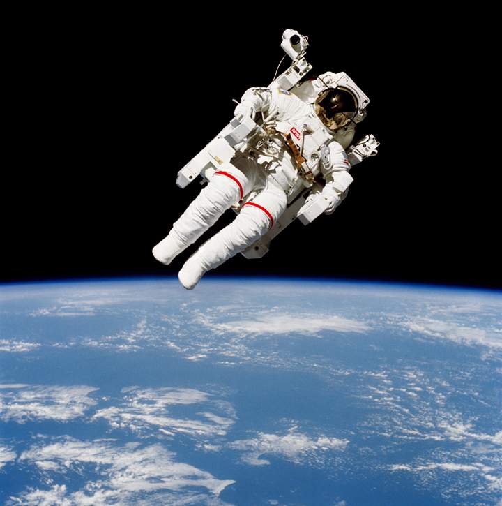 Astronaut Bruce McCandless II is seen here a few metres from the space shuttle Challenger in 1984. It was the first use of the jet-propelled backpack, referred to as the manned-maneuvering unit or MMU.