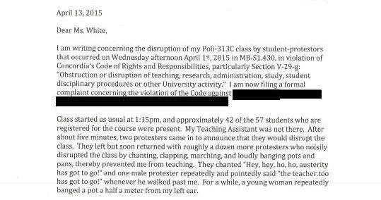 A copy of one of the strike complaints sent to Concordia University after classes were disrupted on April 1, 2015.