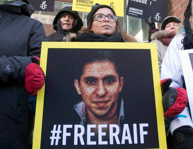 Ensaf Haidar, wife of blogger Raif Badawi, takes part in a rally for his freedom in Montreal on January 13, 2015. 
