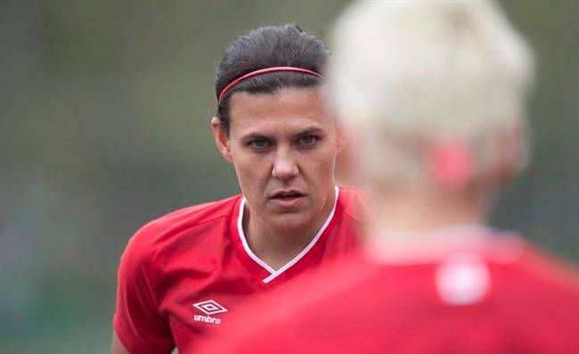 Canadian captain Christine Sinclair shown during a training session in Vancouver, B.C. Wednesday, April 21, 2015.