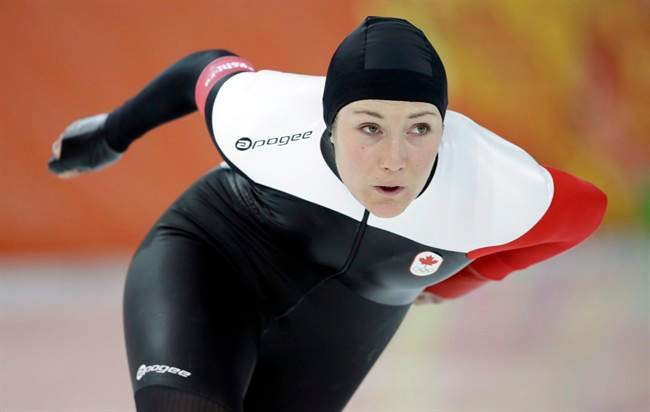 Canada's Anastasia Bucsis skates during a test race at the Adler Arena Skating Center during the 2014 Winter Olympics in Sochi, Russia.