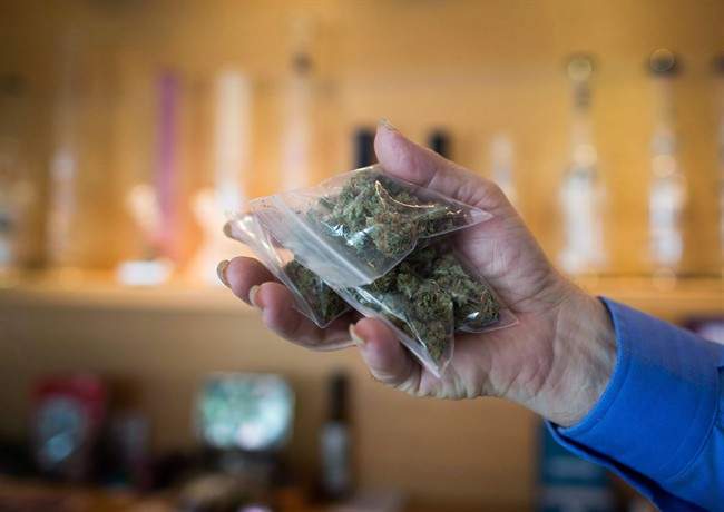 A bag of marijuana is held up at a medical marijuana dispensary in Vancouver.