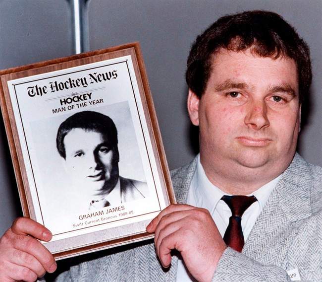 Graham James holds his award in Toronto, June 8, 1989 after being named The Hockey News man of the year.