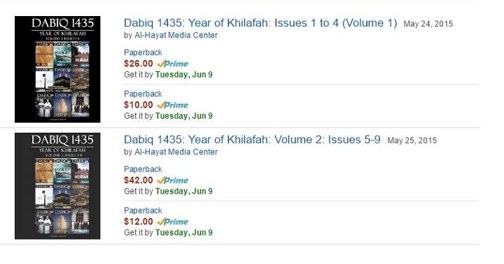 A screenshot, via the Daily Caller, of a posting for the sale of the ISIS propaganda magazine "Dabiq" on Amazon.com.