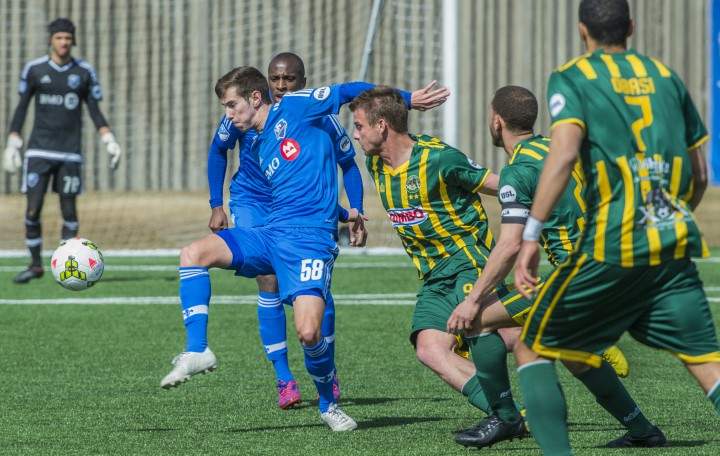 Louis Béland-Goyette in action with his team, FC Montreal.