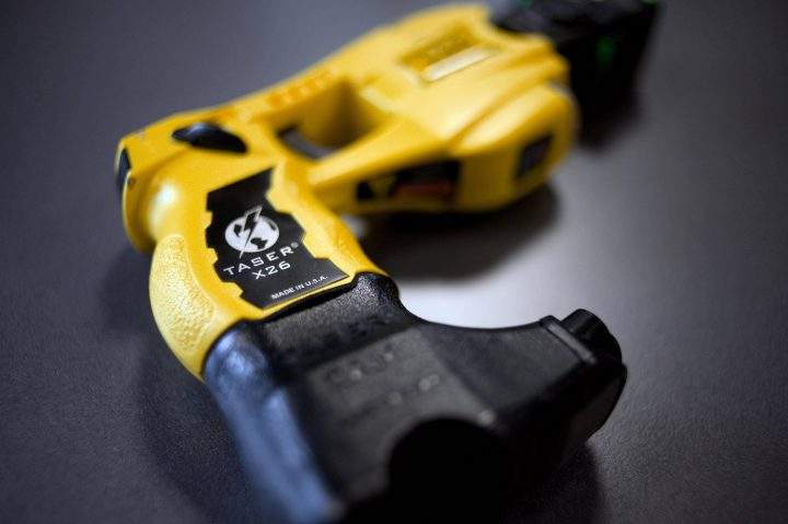 Photo taken on October 15, 2008 shows a Taser X 26 (Electronic Control Device) during its presentation to European counterparts at a conference in Saint-Cyr-au-Mont-d’Or. 