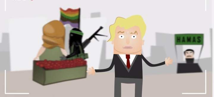 The cartoon also takes a jab at coverage of life under Hamas, with the reporter character describing the Palestinian society in Gaza as "liberal and pluralistic and Hamas allows everyone to live in dignity."