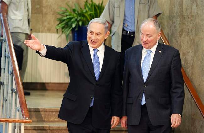 Israel's Prime Minister Benjamin Netanyahu and Canada's Foreign Minister Rob Nicholson, arrive to deliver statements after their meeting in Jerusalem Wednesday, June 3, 2015.