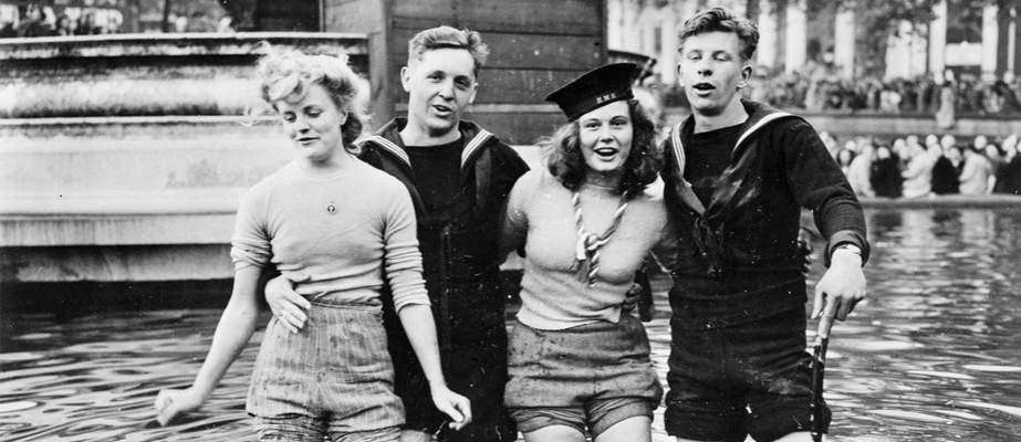 Joyce on the left with Cynthia and two unknown sailors.