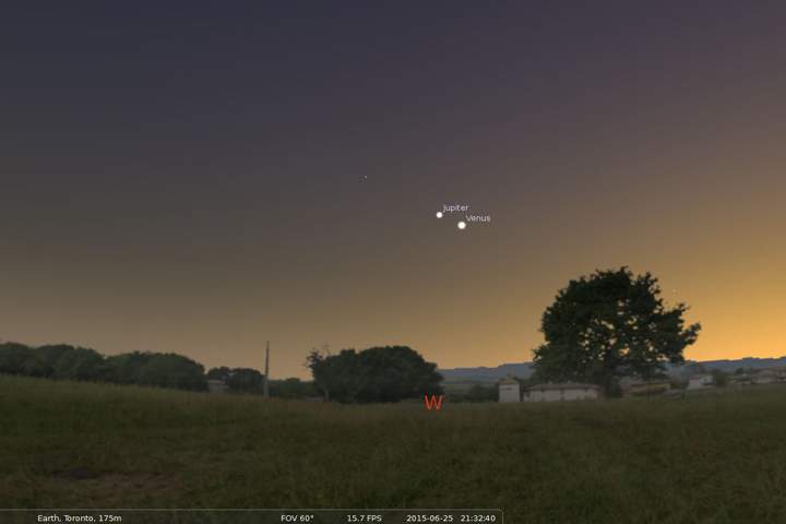 Jupiter and Venus as seen in the night sky on June 25.