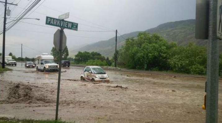 Heavy rains flooded streets in Kamloops.