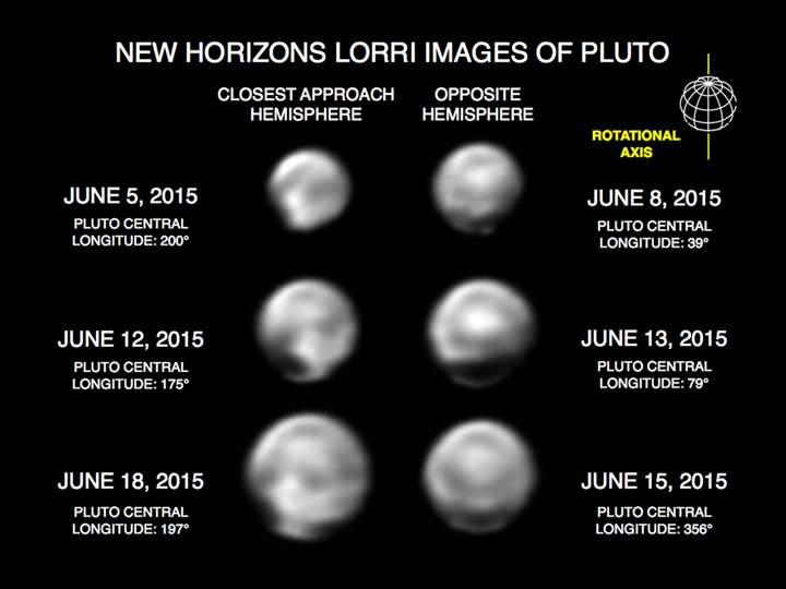These images, taken by New Horizons' Long Range Reconnaissance Imager (LORRI), show numerous large-scale features on Pluto's surface. 